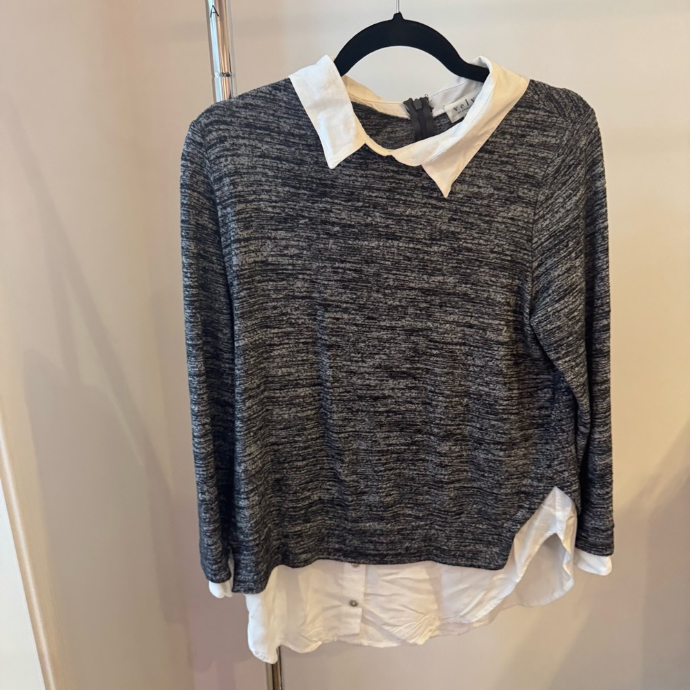 Velvet Gray & White Collared Sweater – 3/4 Sleeves
